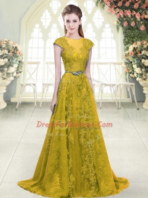 Noble Gold Prom Dresses Prom and Party with Beading and Lace and Appliques Scoop Cap Sleeves Sweep Train Zipper