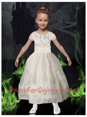 White Scoop Ankle-length Flower Girl Dresses with Short Sleeves