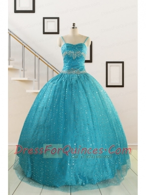 Perfect Spaghetti Straps Appliques Sequins Turquoise Quinceanera Dresses for 2015