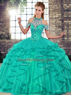 Turquoise Ball Gowns Tulle Halter Top Sleeveless Beading and Ruffles Floor Length Lace Up Ball Gown Prom Dress