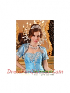 Fashionable Open Front Appliques Baby Blue Quinceanera Jacket