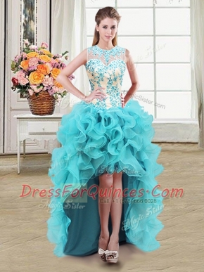 See Through Aqua Blue Ball Gowns Scoop Sleeveless Organza High Low Zipper Beading Evening Dress