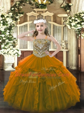 Brown Straps Neckline Beading and Ruffles Little Girl Pageant Gowns Sleeveless Lace Up