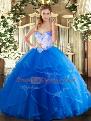Blue Sleeveless Tulle Lace Up Sweet 16 Dresses for Military Ball and Sweet 16 and Quinceanera