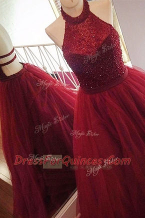Captivating Burgundy Halter Top Backless Beading Prom Gown Sweep Train Sleeveless