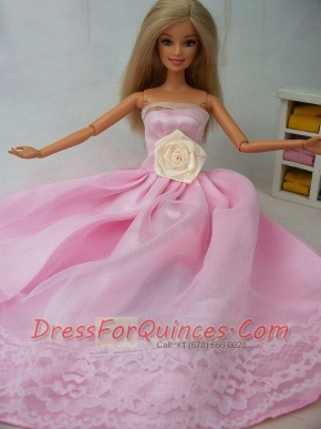 Hand Made Flower Tulle and Taffeta Party Dress Pink Barbie Doll Dress