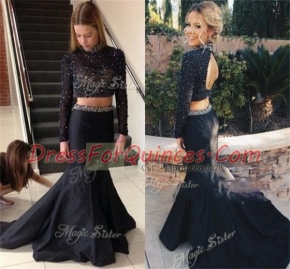 Ideal Black Long Sleeves Brush Train Beading With Train Dress for Prom