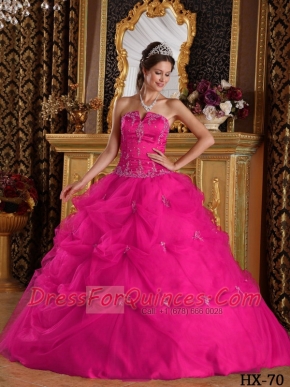 Hot Pink Ball Gown Strapless Floor-length Pick-ups Tulle For Sweet 16 Dresses