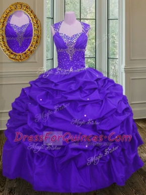 Exceptional Straps Sleeveless Floor Length Beading and Pick Ups Lace Up Ball Gown Prom Dress with Eggplant Purple