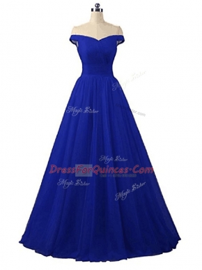 Great Royal Blue Sleeveless Ruching Floor Length