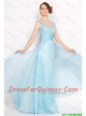 Perfect Straps Ruched Light Blue Prom Dresses with Beading