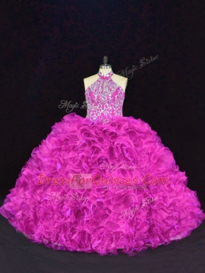 Exceptional Fuchsia Ball Gowns Halter Top Sleeveless Organza Floor Length Lace Up Beading and Ruffles Quinceanera Dresses