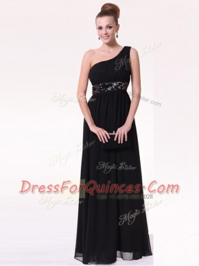 Black Side Zipper One Shoulder Beading Chiffon Sleeveless