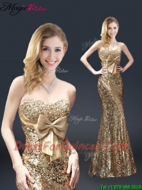 2016 Column Sequins Prom Dresses with Bowknot in Gold