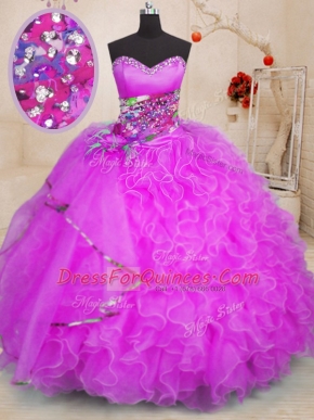 Elegant Fuchsia Sweetheart Neckline Beading and Ruffles Sweet 16 Dress Sleeveless Lace Up