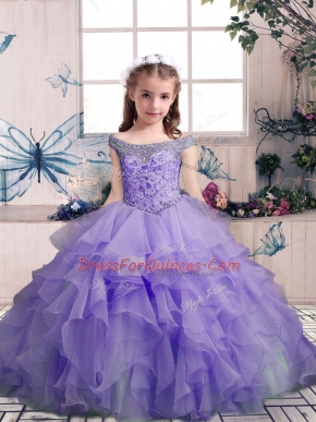 Lavender Organza Lace Up Off The Shoulder Sleeveless Floor Length Little Girls Pageant Gowns Beading and Ruffles