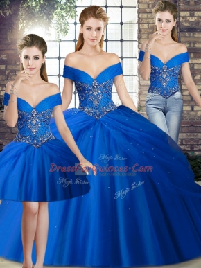 Dazzling Brush Train Three Pieces 15 Quinceanera Dress Royal Blue Off The Shoulder Tulle Sleeveless Lace Up