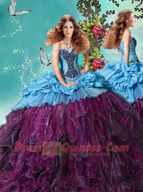 Latest Beaded and Ruffled Purple and Blue Quinceanera Dress in Taffeta and Organza