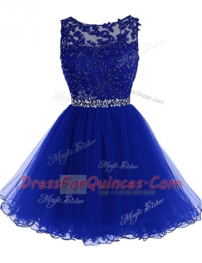 Adorable Scoop Royal Blue A-line Beading and Lace Prom Party Dress Zipper Chiffon Sleeveless Knee Length