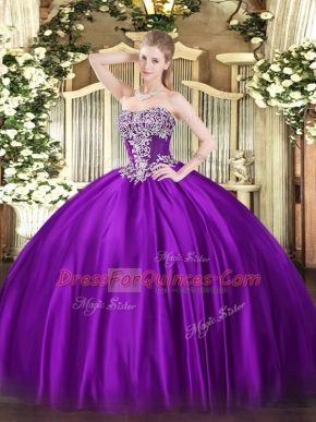Purple Strapless Lace Up Beading 15 Quinceanera Dress Sleeveless