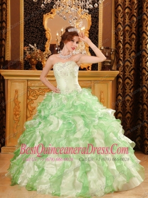 Green Ball Gown Sweetheart Floor-length Organza Beading and Ruffles Quinceanera Dress