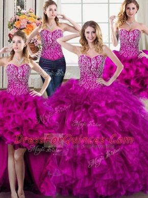 Suitable Four Piece Fuchsia Sweetheart Neckline Beading and Ruffles Sweet 16 Quinceanera Dress Sleeveless Lace Up