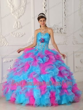 Multi-color Ball Gown Strapless Floor-length Organza Appliques and Hand Made Flower Quinceanera Dress