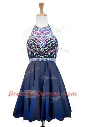 Navy Blue A-line Chiffon Halter Top Sleeveless Beading Mini Length Side Zipper Homecoming Dress