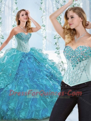 Popular Big Puffy Blue Detachable Sweet 16 Quinceanera Dress with Ruffles and Beading