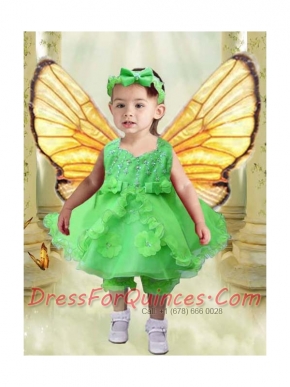 V-neck A-Line Luxurious Hand Made Flowers and Ruffles Spring Green Little Girl Dress
