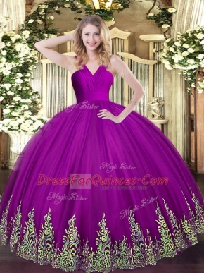 Decent Fuchsia Zipper V-neck Appliques 15th Birthday Dress Tulle Sleeveless