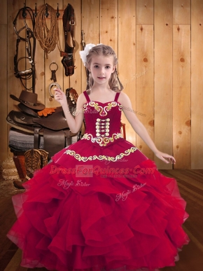 Customized Floor Length Lace Up Pageant Gowns Red for Party and Sweet 16 and Quinceanera and Wedding Party with Embroidery and Ruffles