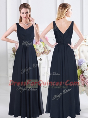 Ruching Quinceanera Dama Dress Navy Blue Zipper Sleeveless Floor Length