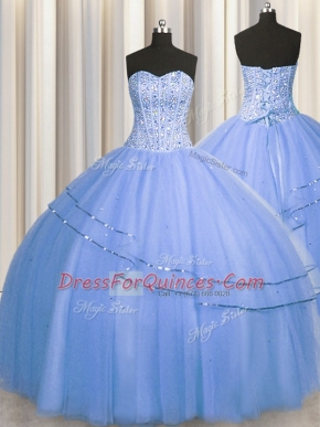 Visible Boning Big Puffy Blue Sleeveless Beading Floor Length Vestidos de Quinceanera