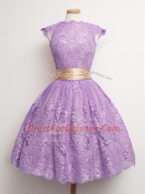 Free and Easy Lace High-neck Cap Sleeves Lace Up Belt Court Dresses for Sweet 16 in Lavender