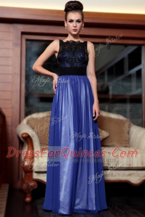 Superior Blue And Black Side Zipper Prom Gown Beading and Appliques Sleeveless Floor Length