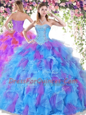 Pretty Sweetheart Sleeveless Organza Vestidos de Quinceanera Beading and Ruffles Lace Up