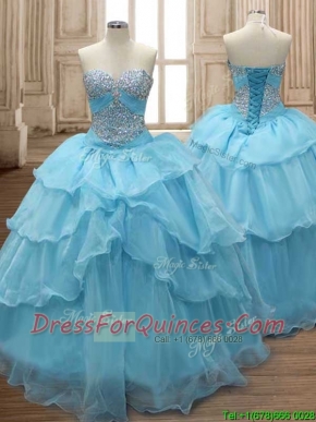 Comfortable Baby Blue Organza Sweet 16 Dress with Beading and Ruffled Layers