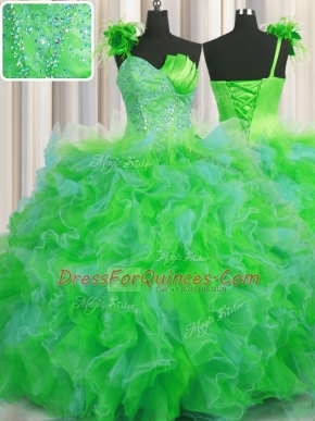 Extravagant One Shoulder Handcrafted Flower Multi-color Lace Up Ball Gown Prom Dress Beading and Ruffles and Hand Made Flower Sleeveless Floor Length