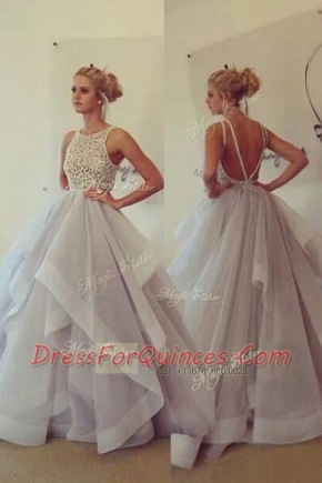 Champagne Scoop Neckline Lace Prom Gown Sleeveless Backless