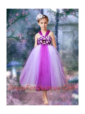 2014 A-Line Halter Tulle Appliques Romantic Little Girl Dress With Tea-length