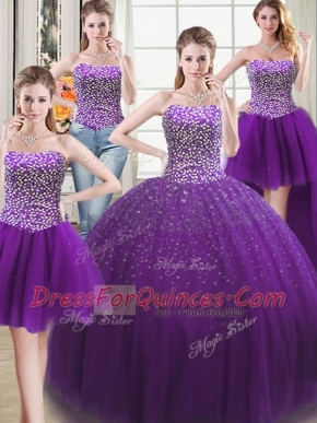Four Piece Purple Lace Up 15th Birthday Dress Beading Sleeveless Floor Length