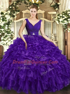 Purple Ball Gowns V-neck Sleeveless Organza Floor Length Backless Beading and Ruffles 15th Birthday Dress