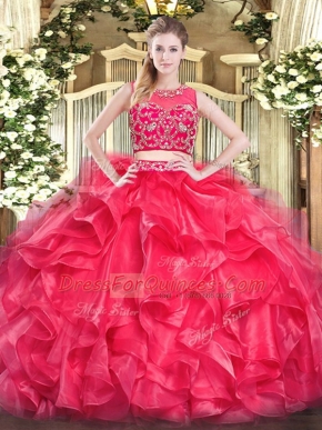 Floor Length Zipper 15 Quinceanera Dress Red for Military Ball and Sweet 16 and Quinceanera with Beading and Ruffles