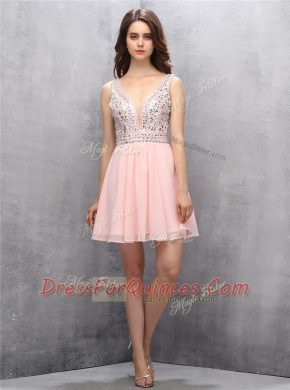Stunning Sleeveless Chiffon Knee Length Zipper Prom Party Dress in Baby Pink with Beading