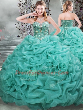 Fantastic Turquoise Sweet 16 Dress Sweetheart Sleeveless Brush Train Lace Up