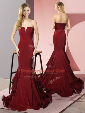 Luxury Burgundy Side Zipper Ruffles Sleeveless Sweep Train