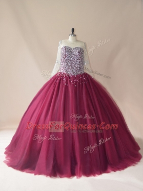 Burgundy Ball Gowns Beading Ball Gown Prom Dress Lace Up Tulle Long Sleeves