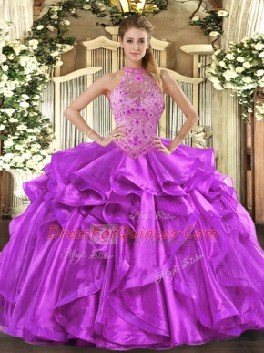 Cheap Halter Top Sleeveless Lace Up Vestidos de Quinceanera Purple Organza