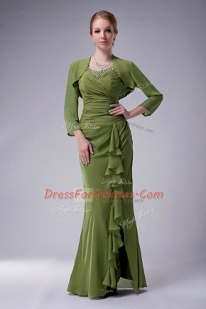 Chic Floor Length Olive Green Prom Party Dress Chiffon Sleeveless Beading